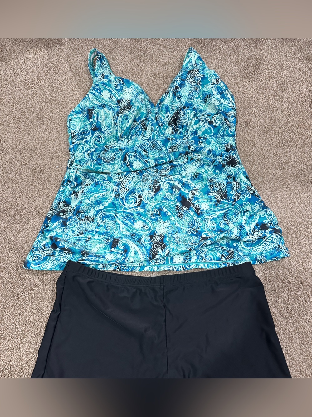 Younique Turquoise Paisley One-Piece Tankini with Black Bottoms